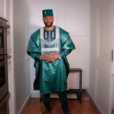 Men's Traditional Bazin Riche Agbada Set – Green Dashiki Robe, Shirt & Pants Formal Attire - Free Delivery Worldwide